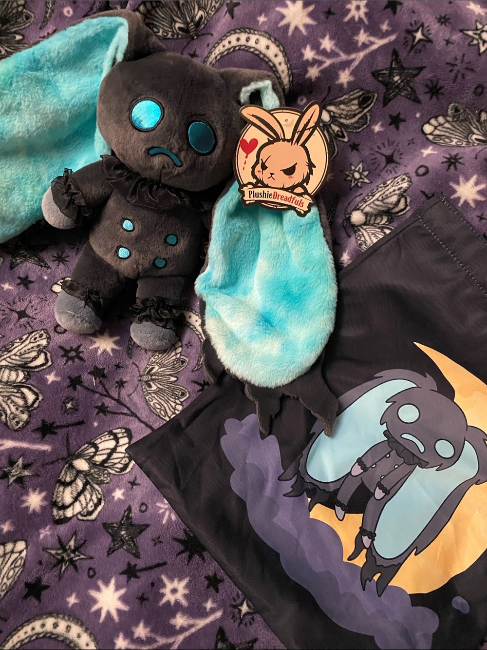 Plushie Dreadfuls “Wraith” Black & Aqua Plush Bunny with Matching Tote